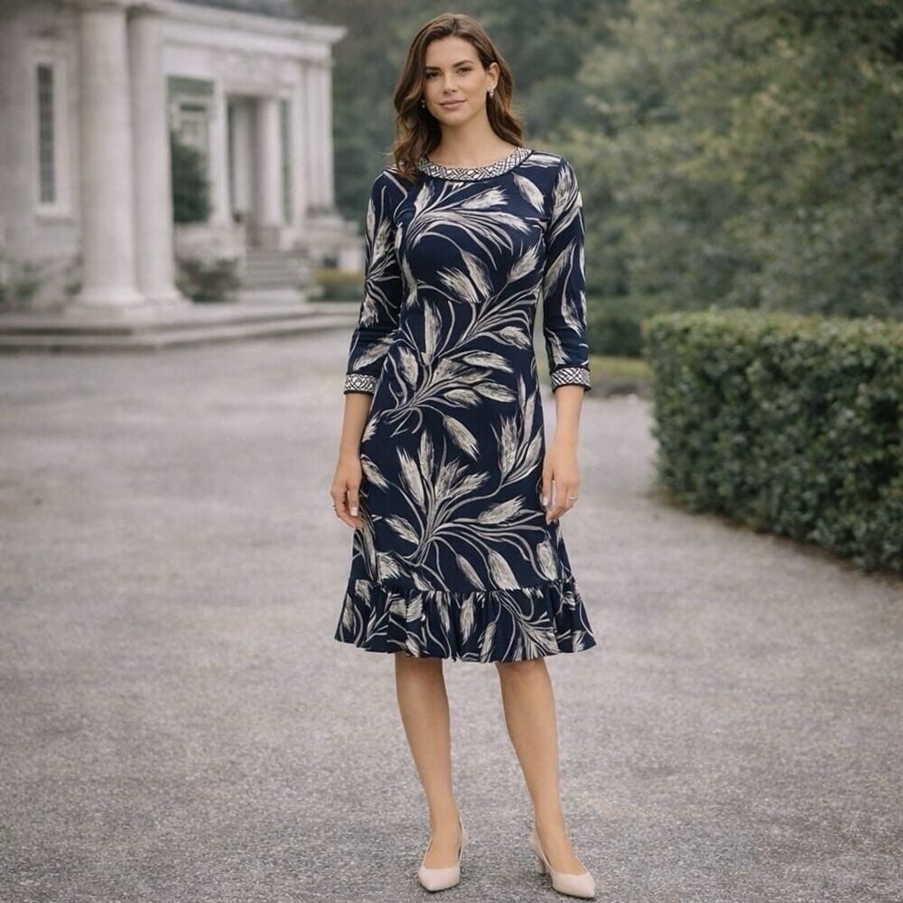 TORY BURCH Women’s Dress MEDIUM 100% SILK Floral Navy Gray Flounce Hem 11132405